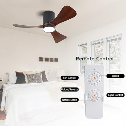 42 Inch Low Profile Ceiling Fan with Lights, Modern Flush Mount Ceiling Fan, 3 ABS Blades, 6-Speed, Reversible DC Motor, Noiseless, for Indoor/Outdoor Kitchen Bedroom, Black+Walnut