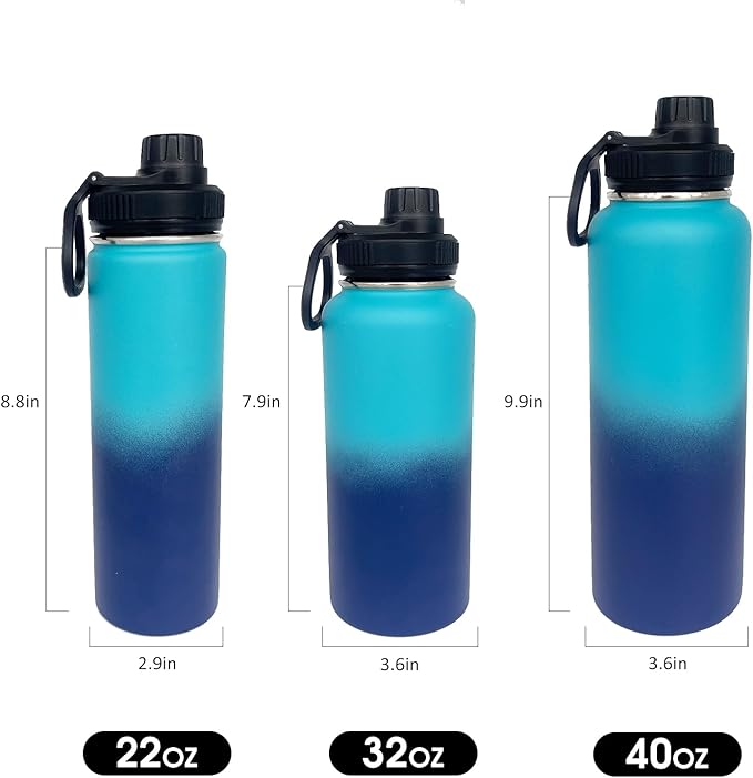 1pack 22 oz Insulated Water Bottle With Straw, Stainless Steel Sports Water Cup Flask with 2 Lids, Wide Mouth Travel Thermal Mug,Blue gradient