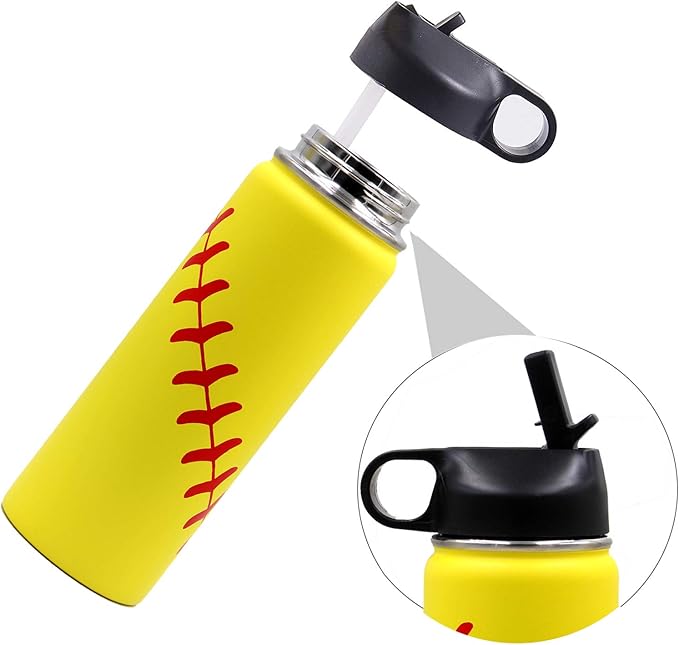 18 oz Softball Water Bottle, Sports Flask with 2 Lids 18/8 Stainless Steel Tumbler Double Wall Vacuum Insulated Metal Canteen Gift for Mom Men (18oz, Yellow Softball)