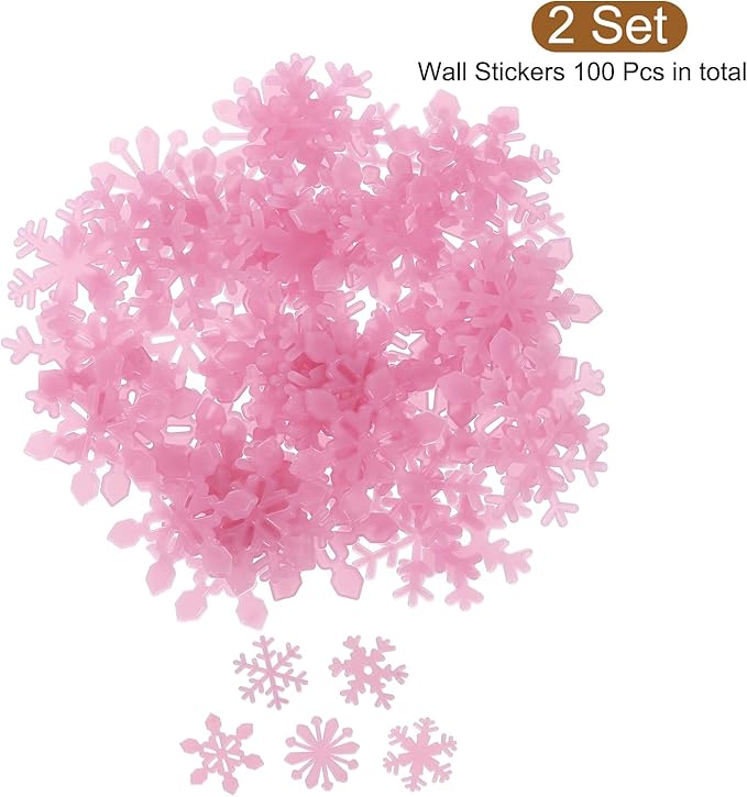 uxcell 100pcs Glow in The Dark Snowflake Fluorescent Plastic Wall Stickers Adhesive Murals Decals for Home Art Ceiling Bedroom Wall Decorations, Pink