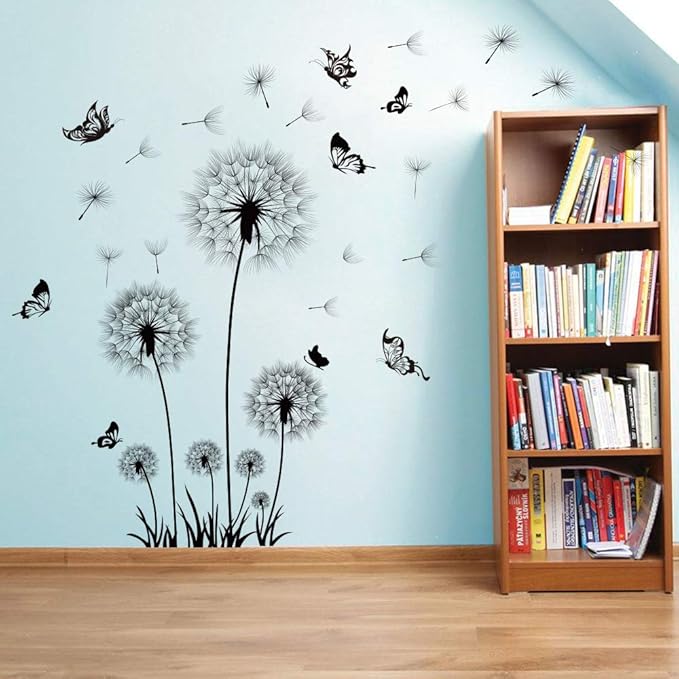 Runtoo Black Dandelion Wall Decals Flower Butterfly Wall Stickers for Living Room Bedroom Home Decoration Wall Décor