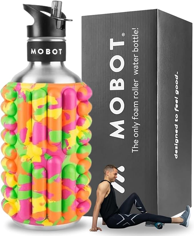 MOBOT Portable Travel Foam Roller Water Bottle with Sip Straw, Stainless Steel Screw Lid | Insulated Sports Water Bottle and Foam Rollers for Yoga, Workout, Home Gym, & Exercise 40oz. (Juicy)