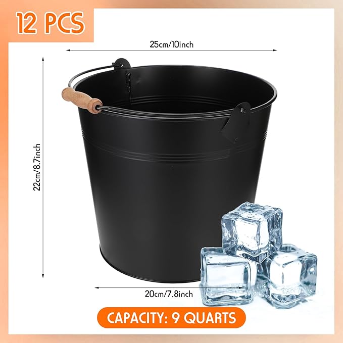 12 Pcs Large Galvanized Metal Buckets with Handle 10 Inch Heavy Duty Stainless Steel Pails Round Pail for Party Wedding, Crafts, Utensils, Table Centerpieces (Black)