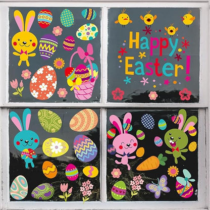 54 Pcs Easter Window Clings Easter Eggs Bunny Window Decorations Stickers for Glass Windows for Easter Window Decorations, 9 Sheets Bunny Decor for Kids Shcool Home (Happy)