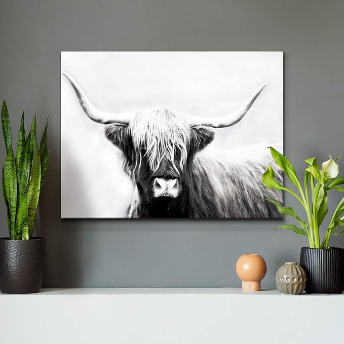 Renditions Gallery Canvas Animal Wall Art Home Paintings & Prints Highland Longhorn Cow Modern Black & White Glam Horror Artwork Decorations for Bedroom Office Kitchen - 8"x12" LT33