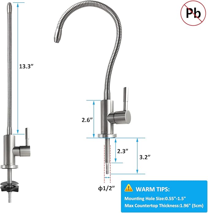 2024 Drinking Water Faucet with Flexible Gooseneck, Lead-Free Beverage Kitchen Water Filter Faucet Fits Most Water Purifier Filter Filtration Systems or Reverse Osmosis Units, SUS304 Stainless Steel