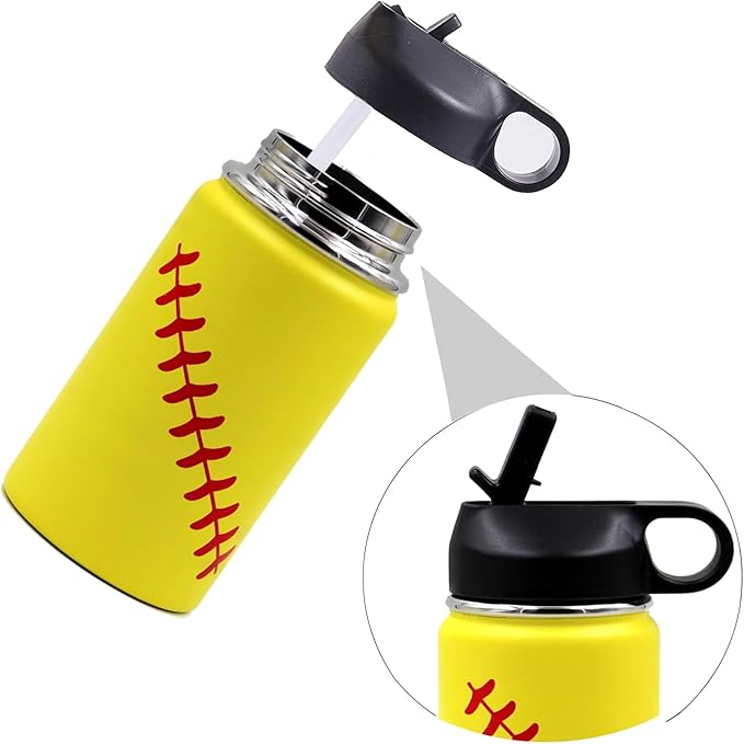 12 oz Softball Water Bottle, Flask Sports with 2 Lids 18/8 Stainless Steel Tumbler Double Wall Vacuum Insulated Hot/Cold (12oz, Yellow Softball)