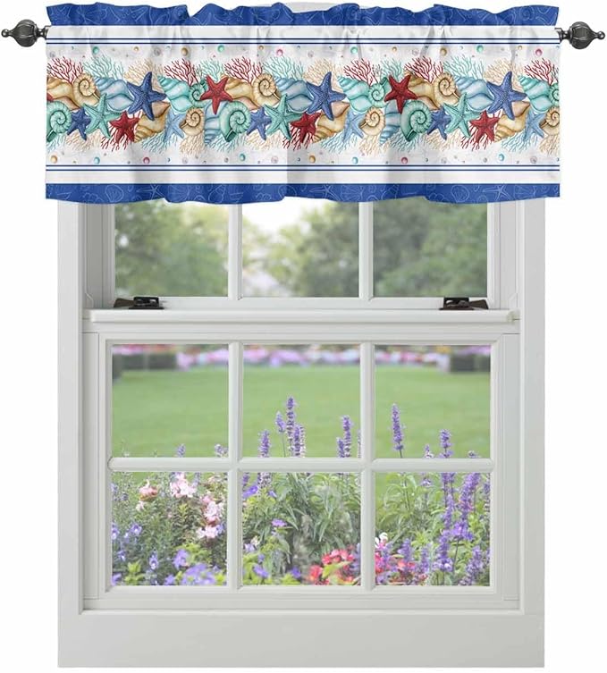 Vandarllin Coastal Beach Kitchen Curtains Valances for Windows Nautical Ocean Seashell Coral Starfish Rod Pocket Window Treatment for Kitchen/Living Room/Bedroom/Bathroom, 60" X 18", Blue Teal Summer