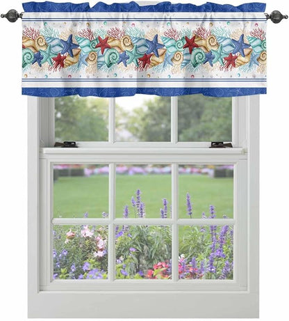 Vandarllin Coastal Beach Kitchen Curtains Valances for Windows Nautical Ocean Seashell Coral Starfish Rod Pocket Window Treatment for Kitchen/Living Room/Bedroom/Bathroom, 42" X 18", Blue Teal Summer