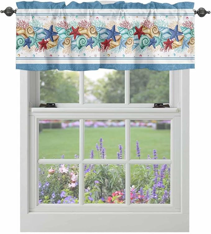 Vandarllin Coastal Beach Kitchen Curtains Valances for Windows Nautical Ocean Seashell Coral Starfish Rod Pocket Window Treatment for Kitchen/Living Room/Bedroom/Bathroom, 42" X 18", Lake Blue Summer