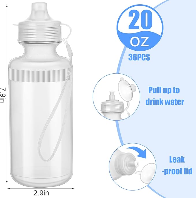 Zubebe 36 Pcs Sports Water Bottles Bulk 20 oz Squeeze Reusable Plastic Water Bottle with Nylon Strap Blank DIY Water Bottles for Kids Adults School Thanks Gift Outdoor Sport Fitness