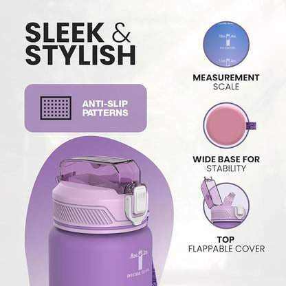 1L Water Bottle with Straw - Leak-Proof & BPA Free Reusable Sports Bottle - Motivational Time Markings for Hydration Durable Drink Bottle for Gym, Sports, Outdoor (Purple and Pink)