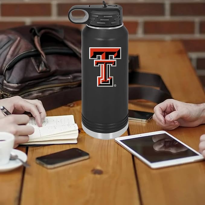 Texas Tech 32oz Stainless Steel Double Walled Black Beverage Bottle with Flip Straw Spout - College Gear for Playoff Season – For Office, Home or Auto – Show your Red Raider Prider