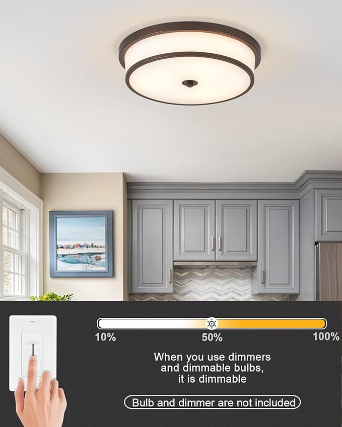 16 inch Flush Mount Ceiling Light, 3-Light Close to Ceiling Light Fixtures with Oil Rubbed Bronze Finish for Livingroom Bedroom Kitchen Diningroom(Oil Rubbed Bronze)