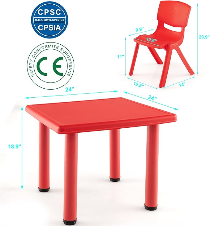 24" L x 24" W Kids Table and 4 Chairs Set, 1-8 Year Old Toddler Activity Craft Table for Toddlers Home, Nursery, Classrooms - Red