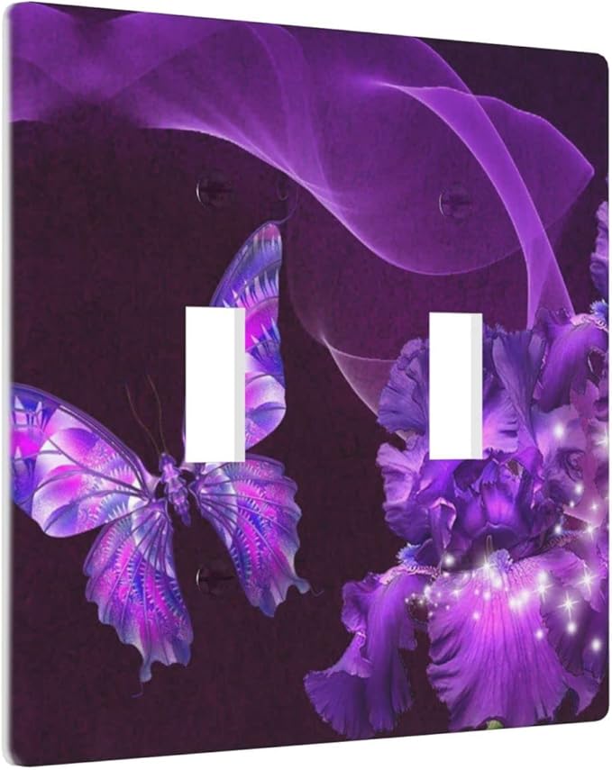 Purple Butterfly Flower Double Toggle Light Switch Wall Plate Cover Decorative 2-Gang for Girls Room Bathroom Bedroom Home Kitchen Two Lightswitch Polycarbonate 4.5" x 4.6"