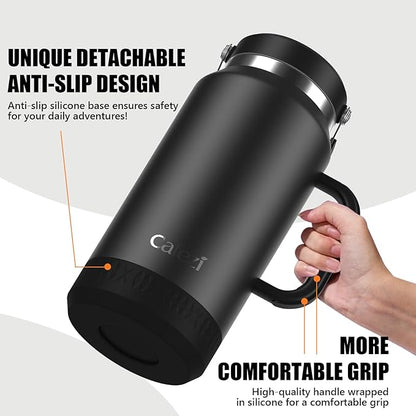 64 oz Leak-Proof Insulated Tumbler with Flip Straw Lid - Sweat-Free, Top and Side Handle, Anti-Slip Silicone Base, Iced for 34 Hours - Water Jug for Hiking, Fitness, Office, Travel, Home