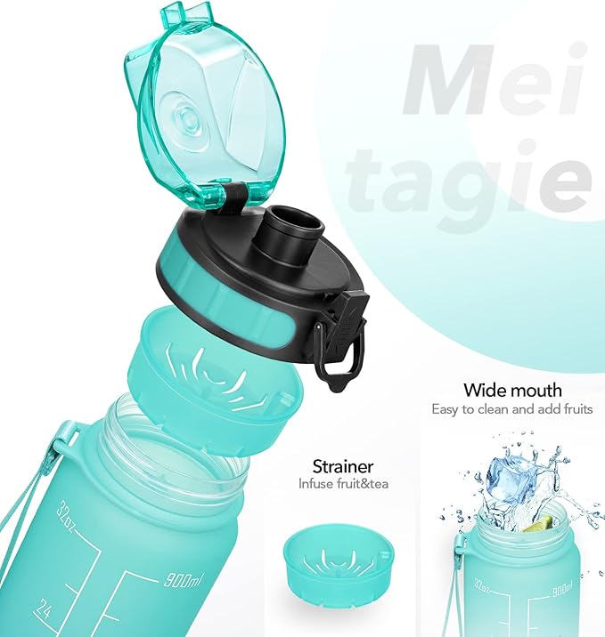 1L/750ml Motivational Water Bottle with Time Marker, Leak-proof BPA Free Drink Bottle with Fruit Strainer or straw, Perfect for Fitness, Gym and Outdoor Sports