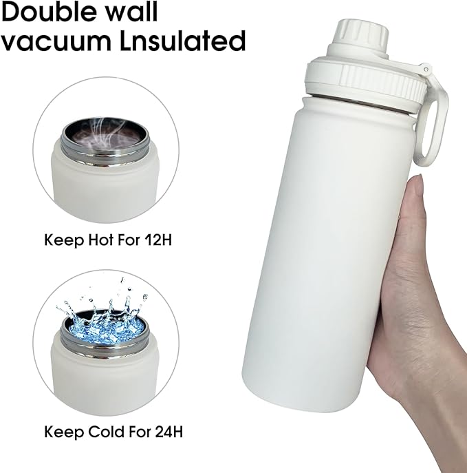 18oz Insulated Water Bottle ，Stainless Steel Sports Water Cup Flask with 2 Lids, Wide Mouth Travel Thermal Mug,Outdoor Sports Bottle（white）