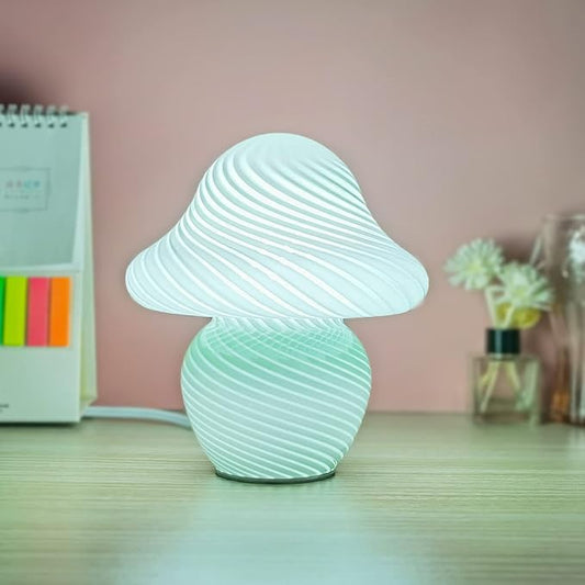 Mushroom Lamp, Small Green Table Lamp with Striped Glass, Cute Little Swirl Sage Green Nightstand Lamp for Bedroom Bedside Dorm Living Kitchen, Aesthetic Ambient Lamp for Home Decor Gift