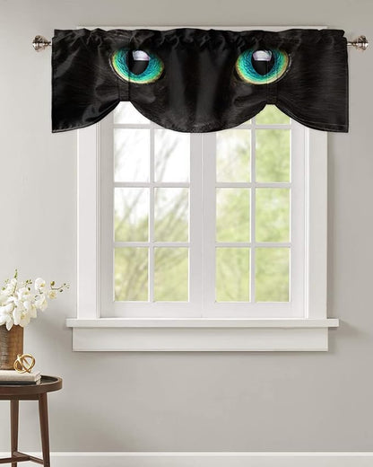 Tie Up Valance for Kitchen Living Room Farmhouse - Black Cat with Teal Eyes Rod Pocket Adjustable Tie-up Shade Valance for Small Window, Window Valance Balloon Drape for Bathroom 54x18 inches