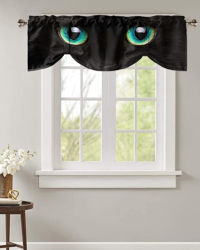 Tie Up Valance for Kitchen Living Room Farmhouse - Black Cat with Teal Eyes Rod Pocket Adjustable Tie-up Shade Valance for Small Window, Window Valance Balloon Drape for Bathroom 60x18 inches