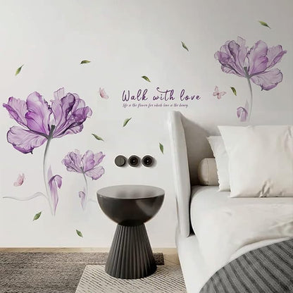 "Walk into Love" 3D Purple Flower Wall Stickers - 60cm x 23.6in Vinyl Decor for Home, Bedroom, Living Room, Office, Bathroom - 2 Sheets of 30cm x 90cm