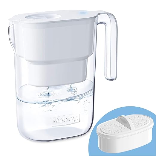 Waterdrop Water Filter Pitcher with 1 Filter, 5X Times Lifetime, Lasts 200 Gallons, for Fridge and Kitchen, Reduces PFOA/PFOS, Chlorine, 7-Cup Capacity, Elfin, White