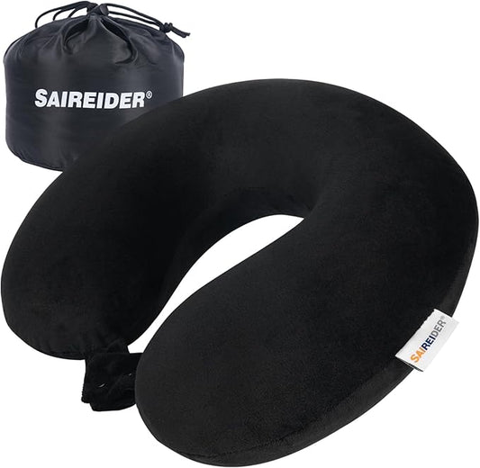 SAIREIDER Travel Pillow 100% Pure Memory Foam Travel Neck Pillow with Storage Bag, Airplane Pillow for Traveling、Car、Home、Office，Washable Cover（Black）