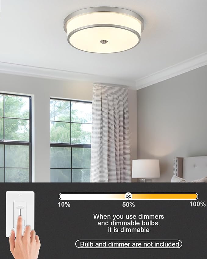 16 inch Flush Mount Ceiling Light, 3-Light Close to Ceiling Light Fixtures with Brushed Nickel Finish for Livingroom Bedroom Kitchen Diningroom