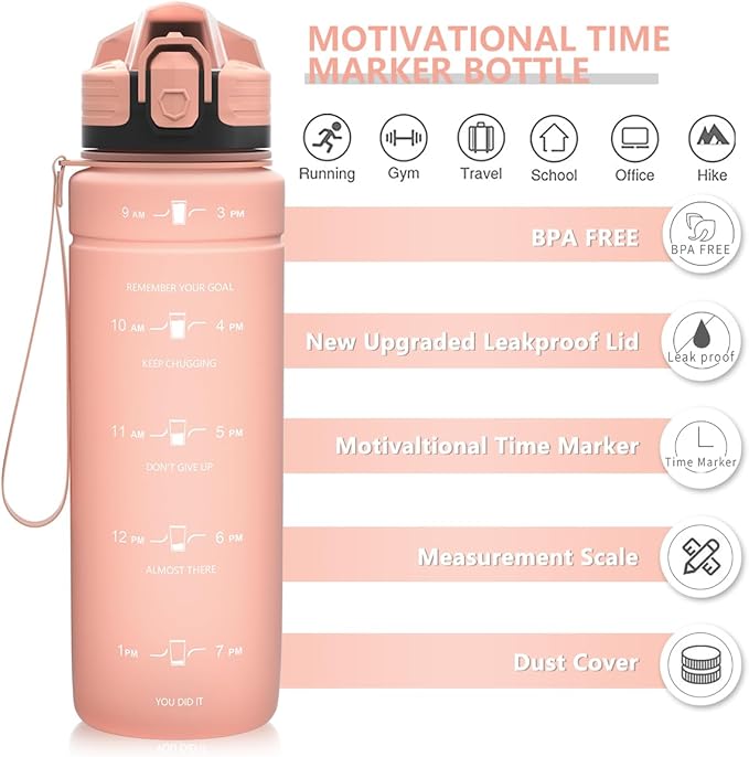 ZOUNICH Tritan BPA Free Water Bottle with Time Marker - 32oz/24oz/17oz Leakproof Motivational Sports Water Bottles to Ensure You Drink Enough Water Throughout The Day for Fitness and Outdoor Activity