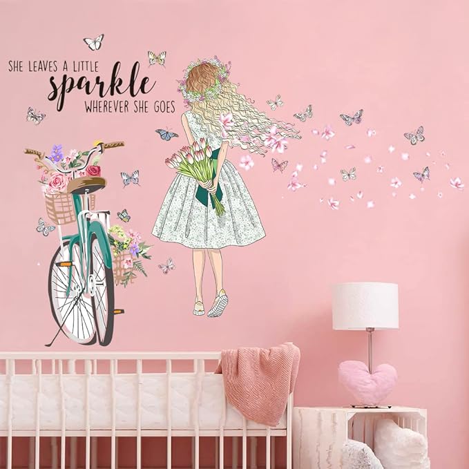 Bike Girl Wall Stickers Flower and Butterfly Wall Art Decal DIY Peel and Stick Motivational Quotes Wall Sticker for Home Decor Living Room TV Sofa Background Bathroom Girls Kids Bedroom Office Kitchen (B)