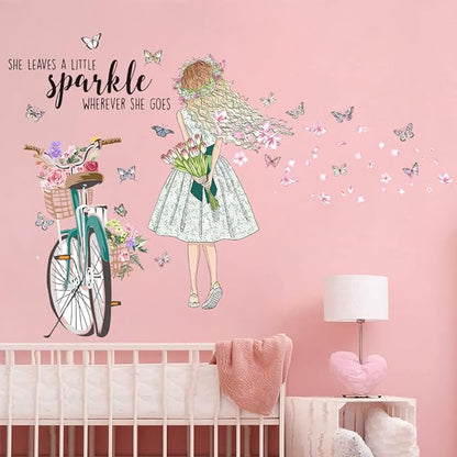 Bike Girl Wall Stickers Flower and Butterfly Wall Art Decal DIY Peel and Stick Motivational Quotes Wall Sticker for Home Decor Living Room TV Sofa Background Bathroom Girls Kids Bedroom Office Kitchen (B)