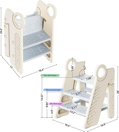 UNCLE WU Foldable Step Stool for Kids, Adjustable 3-Step Bathroom Sink Stool, Toddler Toilet Potty Training Stool with Handles, Child Kitchen Counter Helper, Non-Slip Plastic Ladder