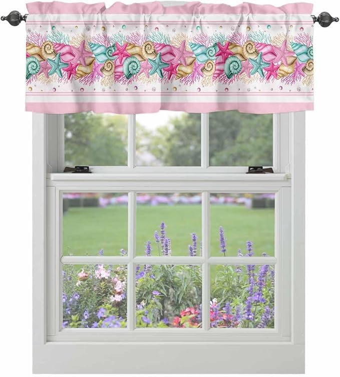 Vandarllin Coastal Beach Kitchen Curtains Valances for Windows Nautical Ocean Seashell Coral Starfish Rod Pocket Window Treatment for Kitchen/Living Room/Bedroom/Bathroom, 42" X 18", Pink Aqua Summer