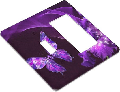 Purple Butterfly Flower Combo Single Toggle 1 Rocker Light Switch Wall Plate Cover Decorative 2-Gang for Electrical Outlets Girls Room Bathroom Bedroom Home Kitchen One Decora Receptacle 4.5" x 4.6"