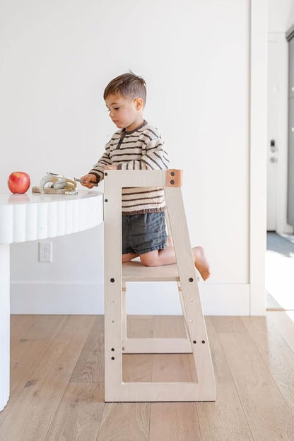 Wooden Toddler Tower and Step Stool (Toddler Step Stool with Leather Strap, Kitchen Tower, Safety Stool, Kid Step Stool, Activity Tower, Kid Tower)