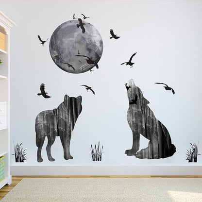 Wall Stickers Wolf and Moon Wall Decor Decal Art Animal Murals Removable PVC DIY Wall Decoration Paper Poster for Bedroom Kitchen Living Room Nursery Rooms Offices