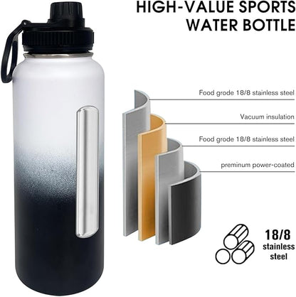 1pack 40 oz Insulated Water Bottle With Straw, Stainless Steel Sports Water Cup Flask with 2 Lids, Wide Mouth Travel Thermal Mug,Black white