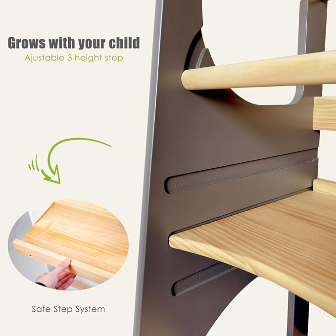 Wooden Step Stool for Kids, Premium Adjustable Height Toddler Stool Kids Step Stool with Handle and Safety Rail, Perfect for Kitchen, Bathroom and Bedroom