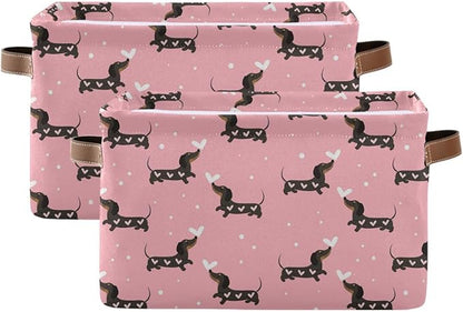 Wamika Pink Love Dachshund Dog Storage Basket Fabric Kitchen Baskets Cute Puppy Open Home Storage Bins Boxes Foldable Organizer Bag for Baby Cloth Pet Toy Book Shelf Closet Baskets 16×12×8 Inches