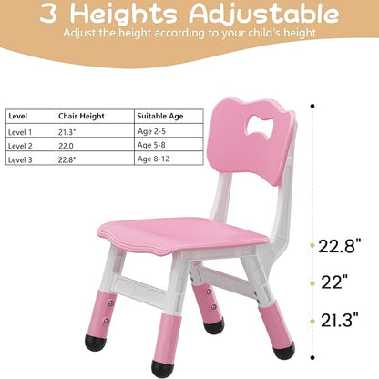 Adjustable Kids Chair (2pcs), 3 Level Height Adjustable Toddler Chair, Plastic Indoor Outdoor Child Chair for Children Age 2-8 Family School Home Daycare Use, Pink