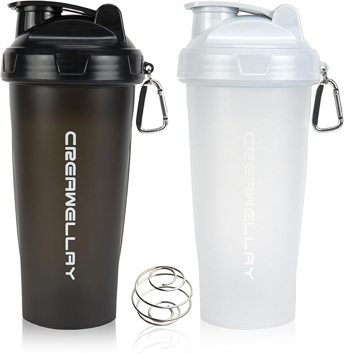 2 Pack Protein Shaker Bottle, 24 oz Protein Shaker Cup with Wire Shaker Ball for Pre Workout, Shake Bottle with Carrying Handle, BPA-Free & Dishwasher Safe (Black, White)