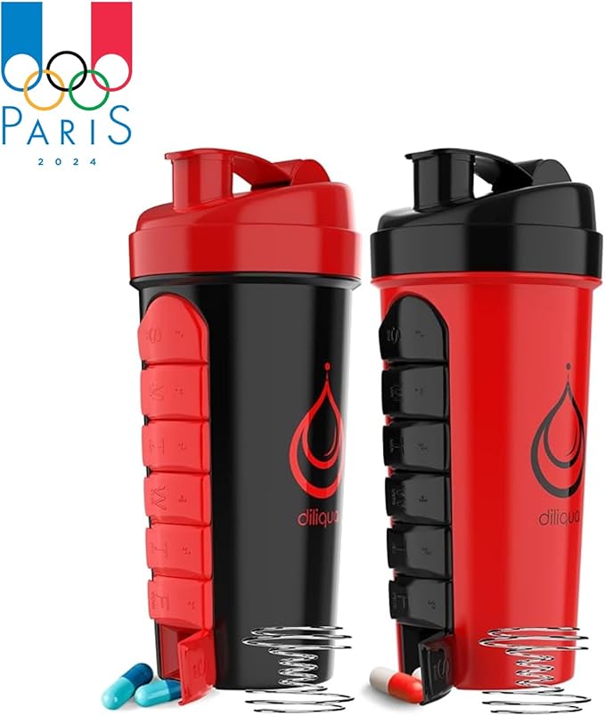 -2 PACK- Shaker Bottles for Protein Mixes with Pill Organizer | BPA-Free & Dishwasher Safe | 2 Large 24 oz protein shaker bottle | Shaker Cups for protein shakes | Blender Shaker Bottle Pack