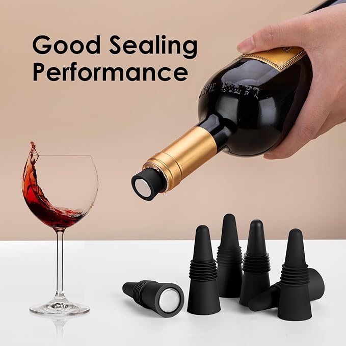 12 PCS Black Silicone Wine Stoppers with Threaded Seal Ring and Stainless Top - Suitable for Wine and Beverage Bottles - Keeping Wine or Beverage Fresh…