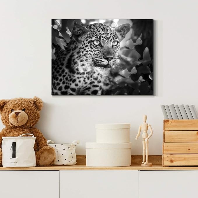 Renditions Gallery Canvas Animal Wall Art Home Paintings & Prints Vintage African Leopard Modern Black & White Safari Wall Hanging Artwork Decor for Bedroom Office Kitchen - 8"x12" LT33