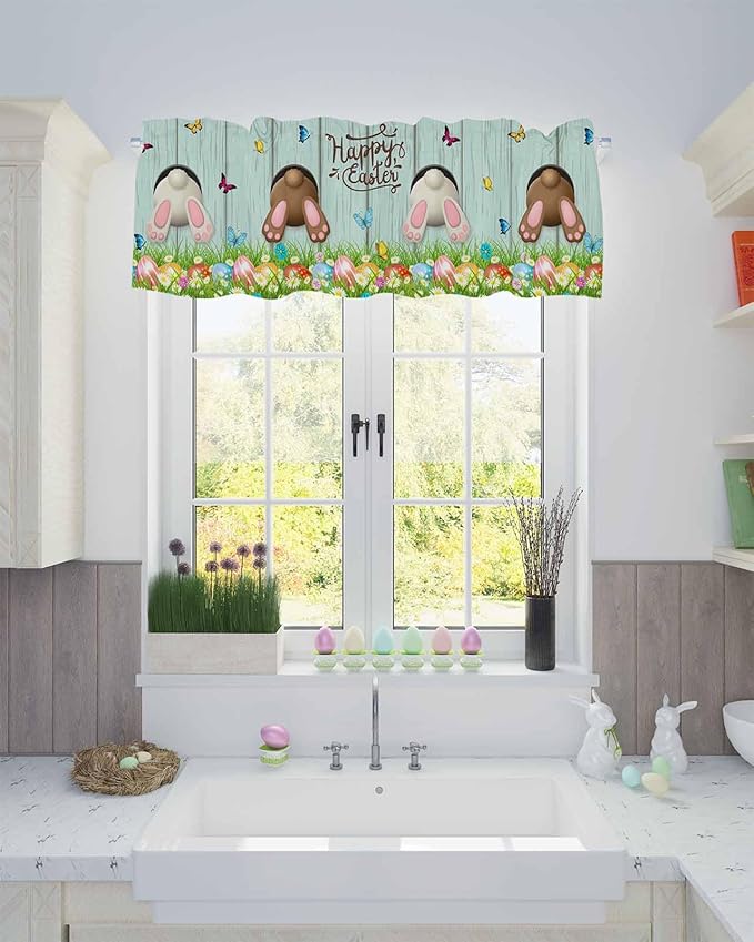 Vandarllin Spring Easter Kitchen Curtains Valances for Windows Funny Bunny Tails Rabbit Rod Pocket Window Treatment for Kitchen/Living Room/Bedroom/Bathroom, 60" X 18", Floral Farmhouse