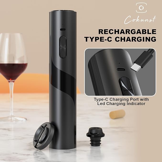 COKUNST Electric Wine Opener with Vacuum Pump, USB Rechargeable Corkscrews Wine Bottles Openers with Foil Cutter, Vacuum Stopper, Cordless Automatic Wine Opener Gift Kit for Wine Lovers Home Kitchen