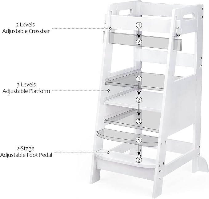 TOETOL Bamboo Toddler Kitchen Step Stool White Helper Standing Tower Height Adjustable with Anti-Slip Protection for Kids Kitchen Counter Learning