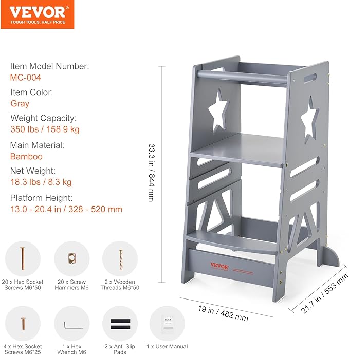 VEVOR Tower Step Stool, 3-Level Height Adjustable Toddler Step Stools for Kids, Kitchen Stool Helper, Bamboo Standing Tower Learning Stool with Safety Rail for Kitchen Counter Bathroom, 350LBS, Gray